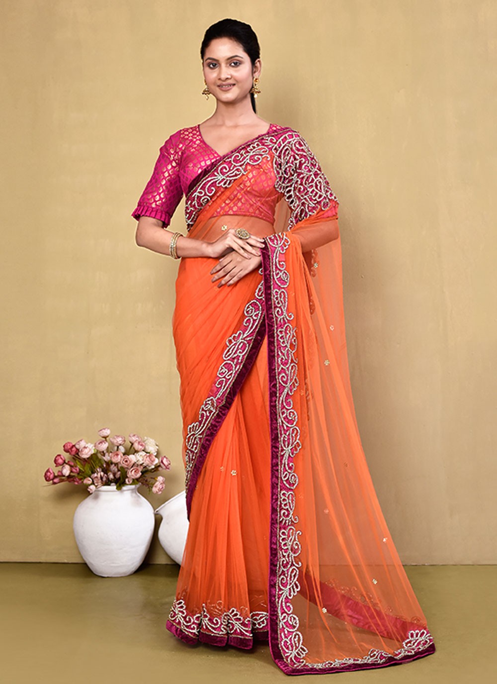 Contemporary Hand Embroidery Georgette Saree - S5499