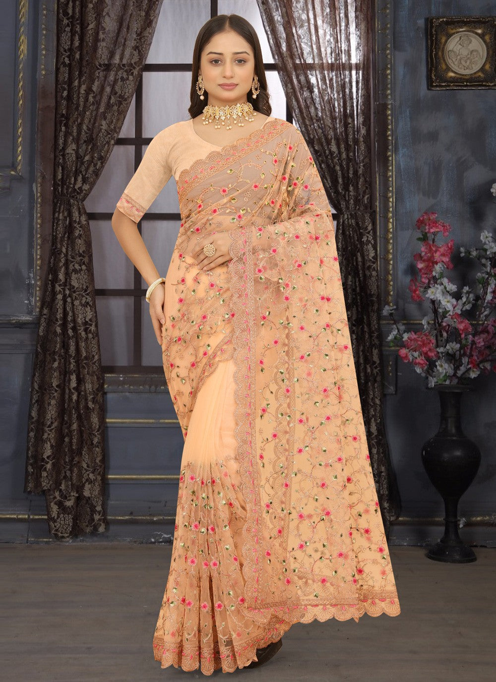 Classic Embroidered Net Saree - S3796