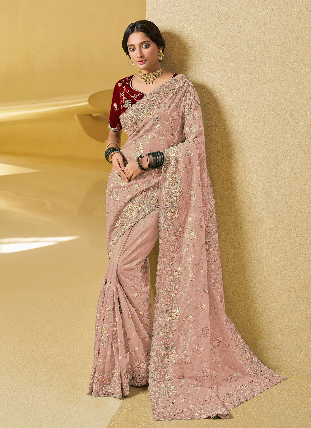 Contemporary Embroidered Georgette, Silk Saree - S4496