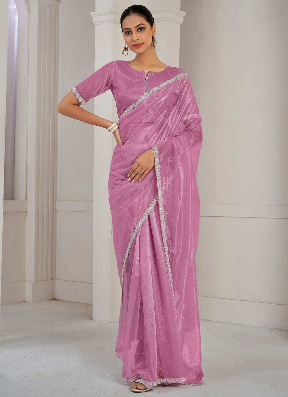 Designer Cutdana Net, Organza Blue, Grey Saree - S10647