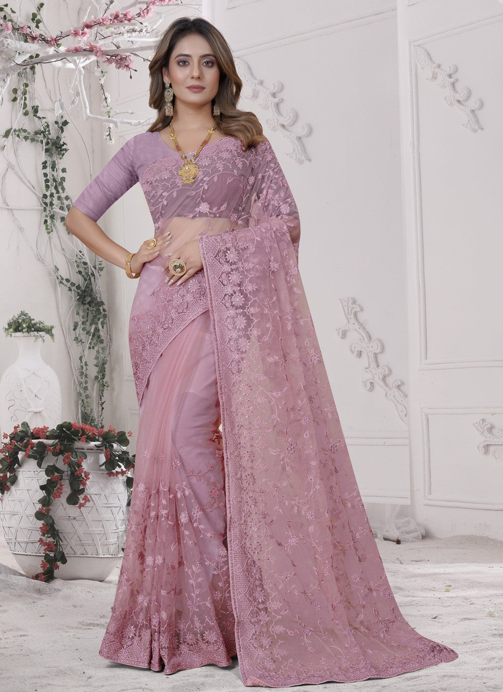 Trendy Embroidered Net Saree - S3529