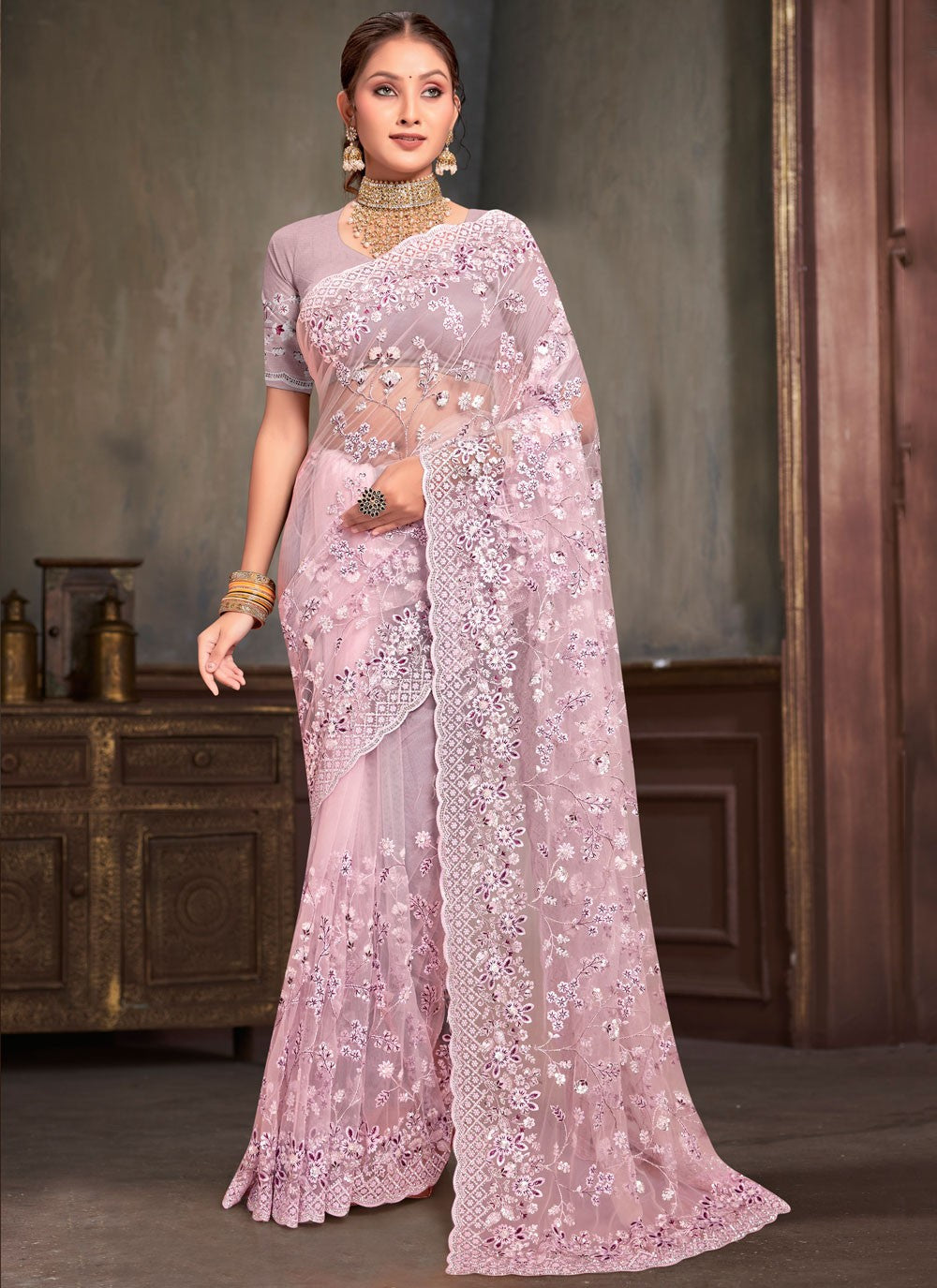 Classic Embroidered Net Saree - S7952