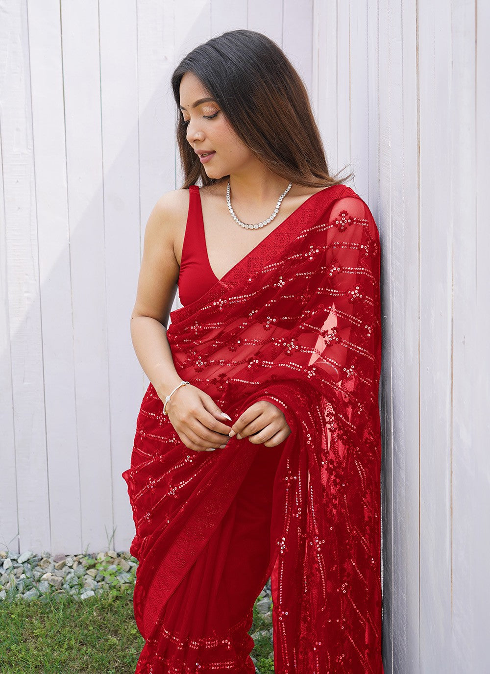 Embroidered, Sequins, Thread Net Saree - S11632