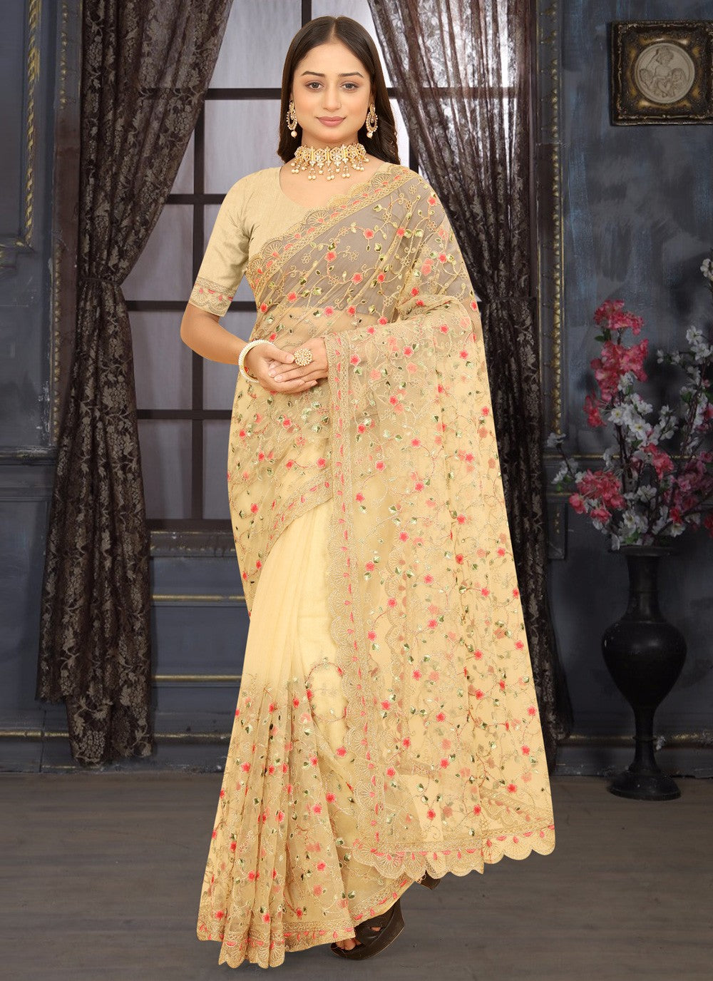 Classic Embroidered Net Saree - S3796