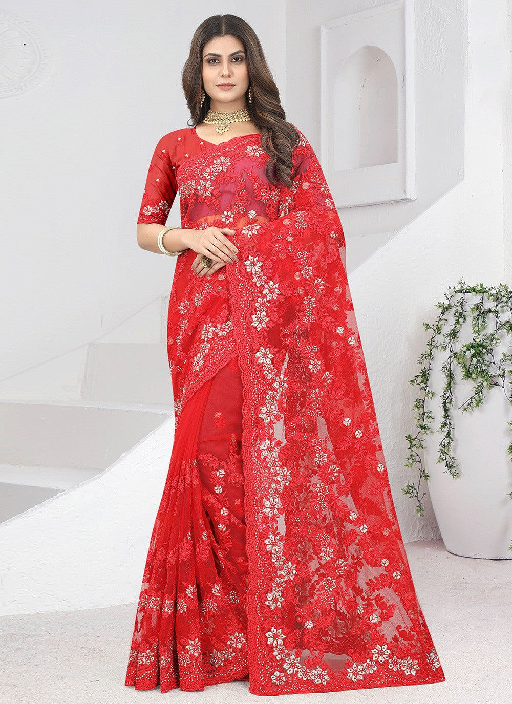 Trendy Embroidered Net Saree - S2762