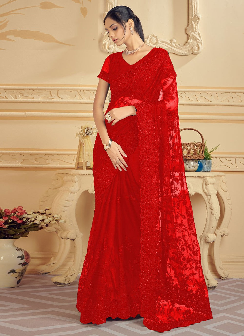 Trendy Embroidered Net Saree - S2288