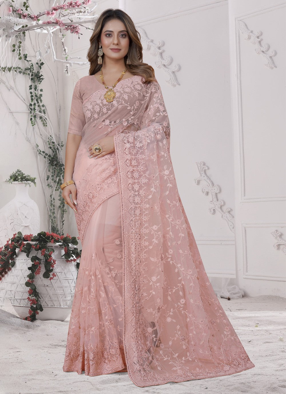 Trendy Embroidered Net Saree - S3529