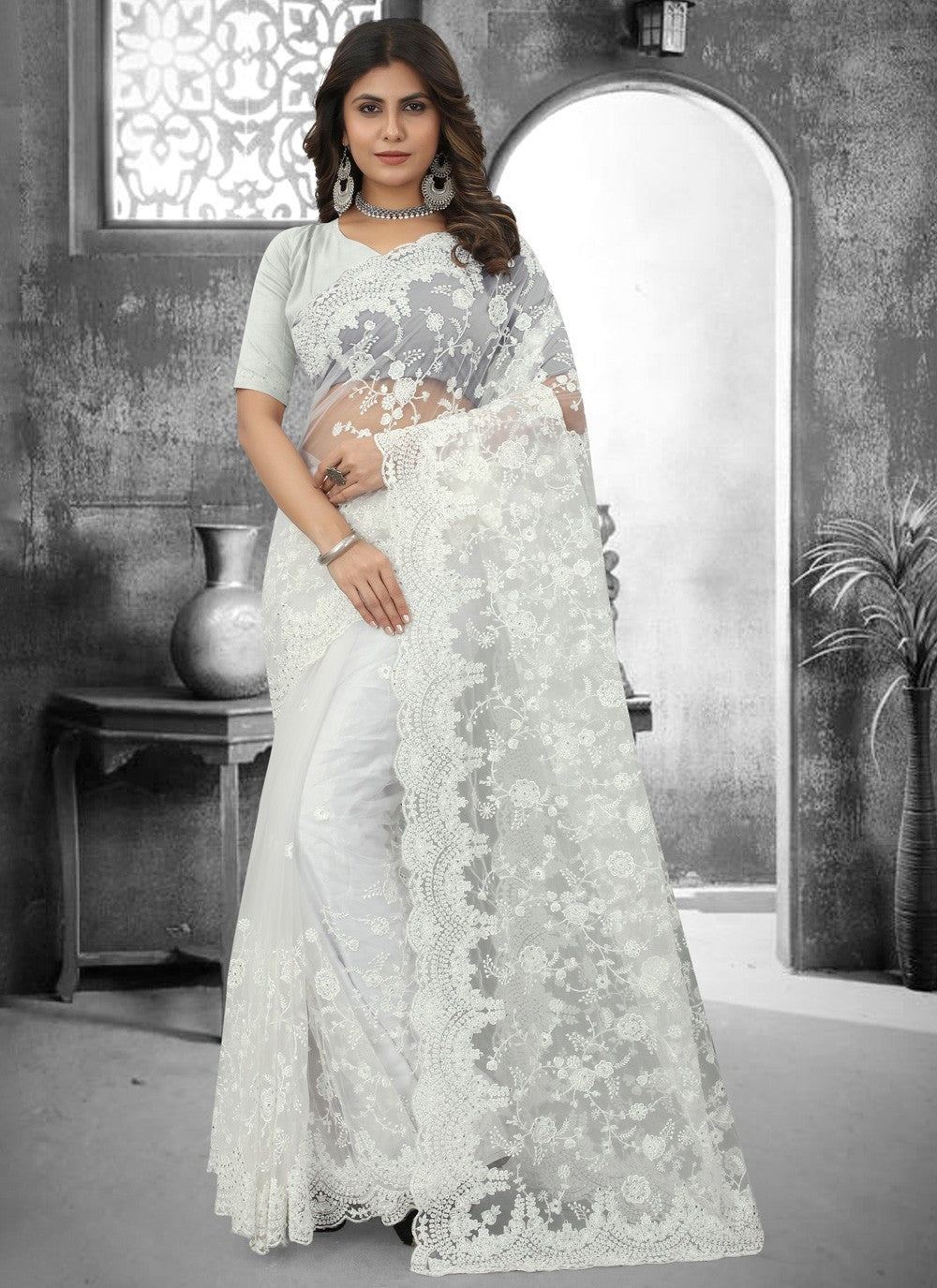 Classic Embroidered Net Saree - S3120