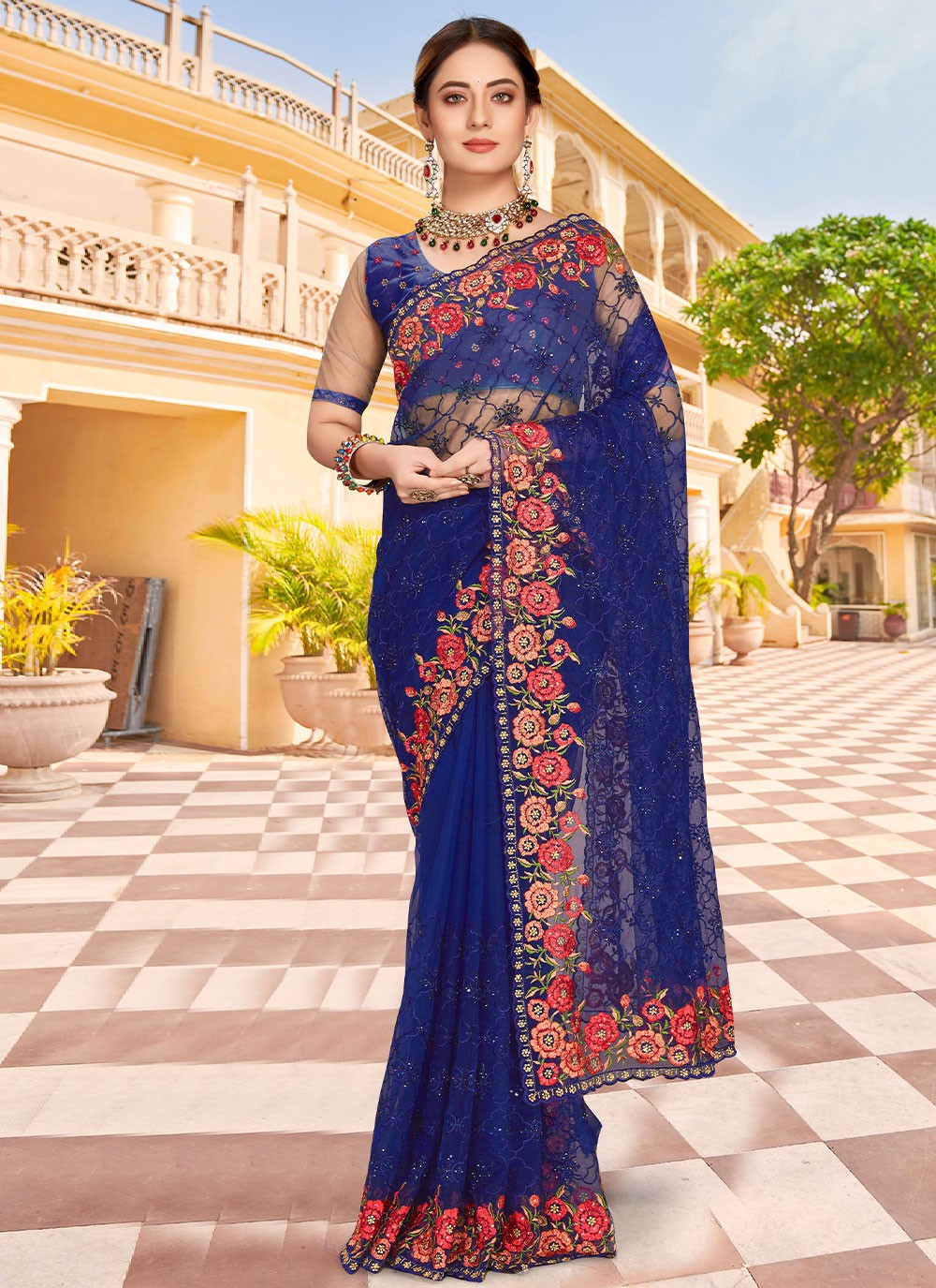 Contemporary Embroidered Net Saree - S2453