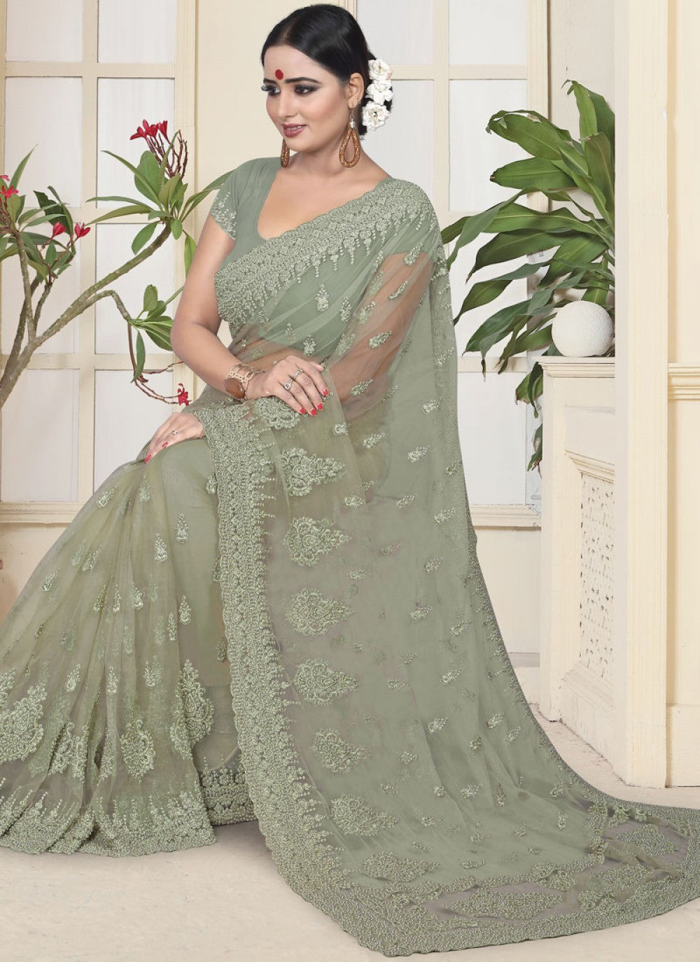 Classic Embroidered Net Saree - S0110