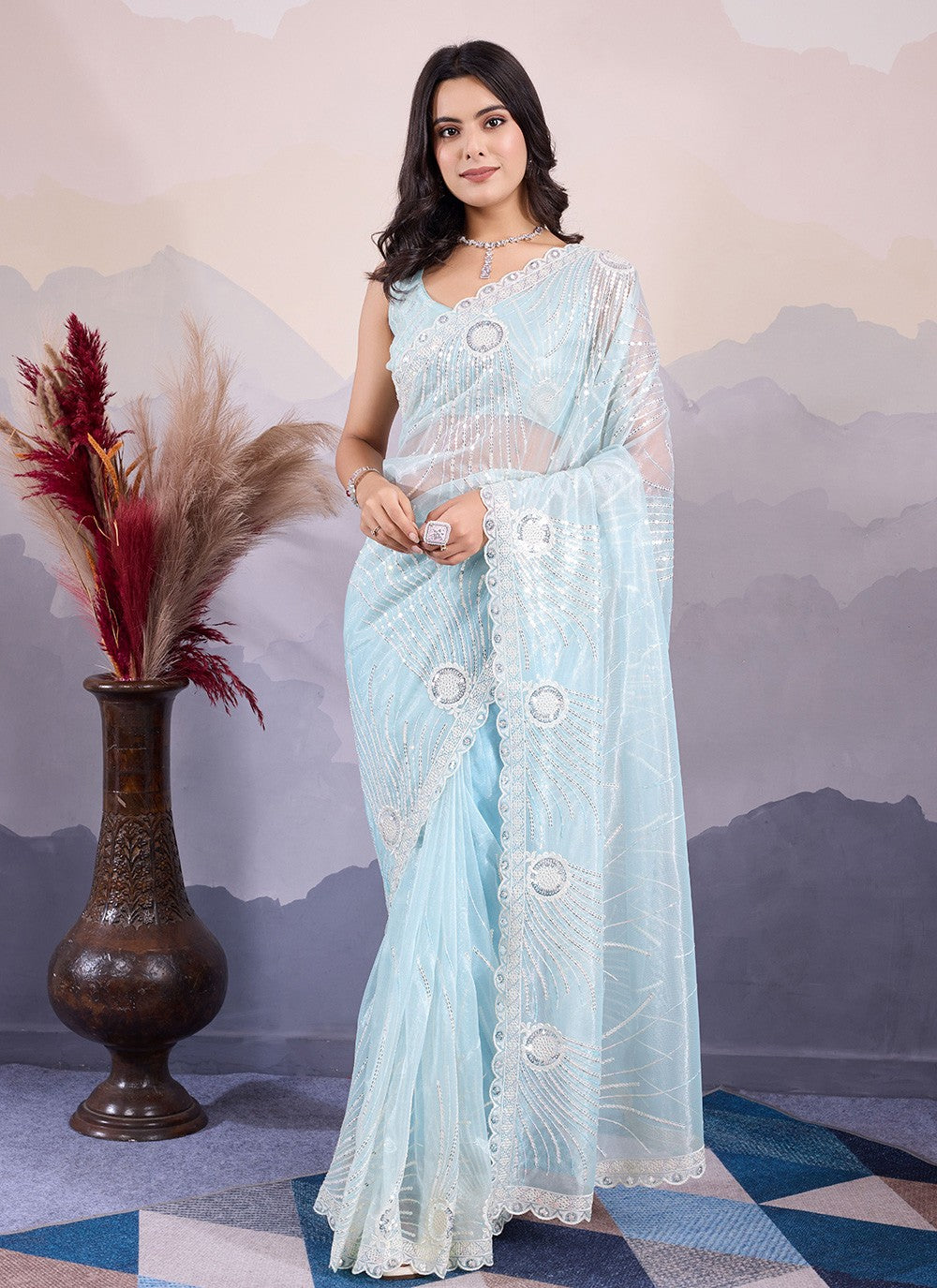 Classic Embroidered Net Saree - S8484