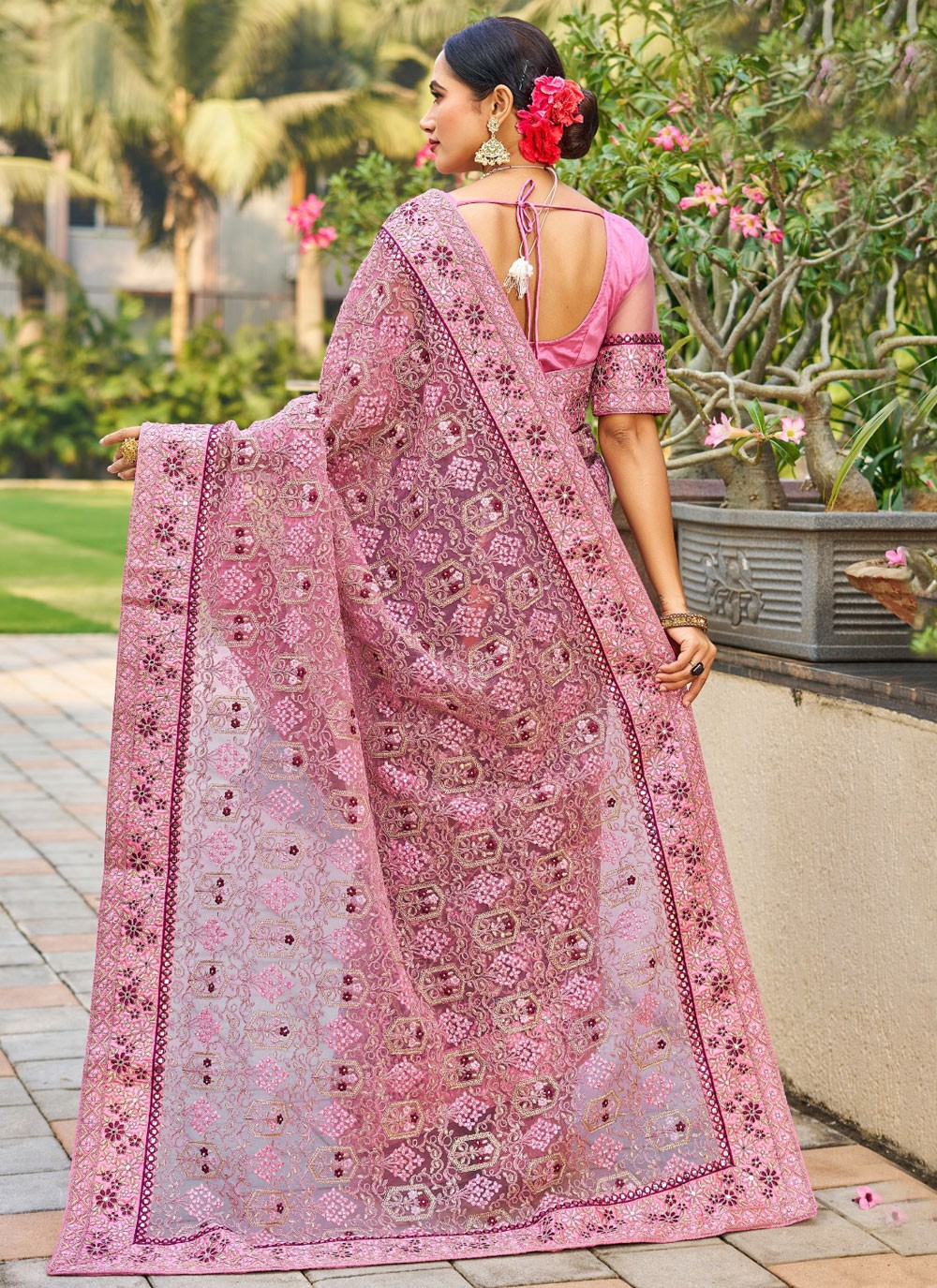 Dimond, Embroidered, Mirror, Stones, Thread Net Saree - S12197