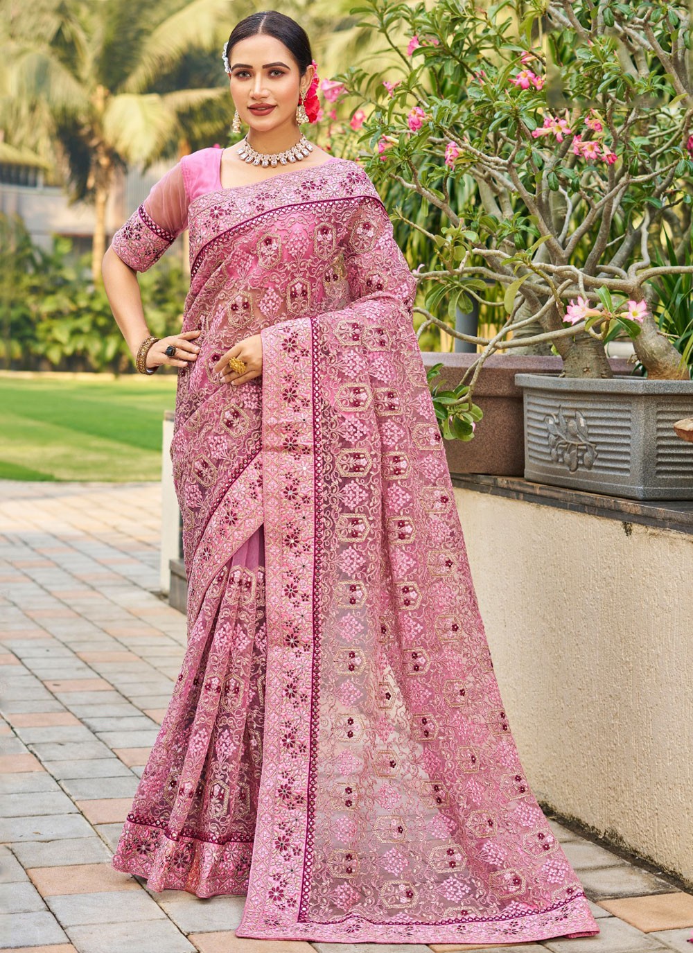 Dimond, Embroidered, Mirror, Stones, Thread Net Saree - S12197