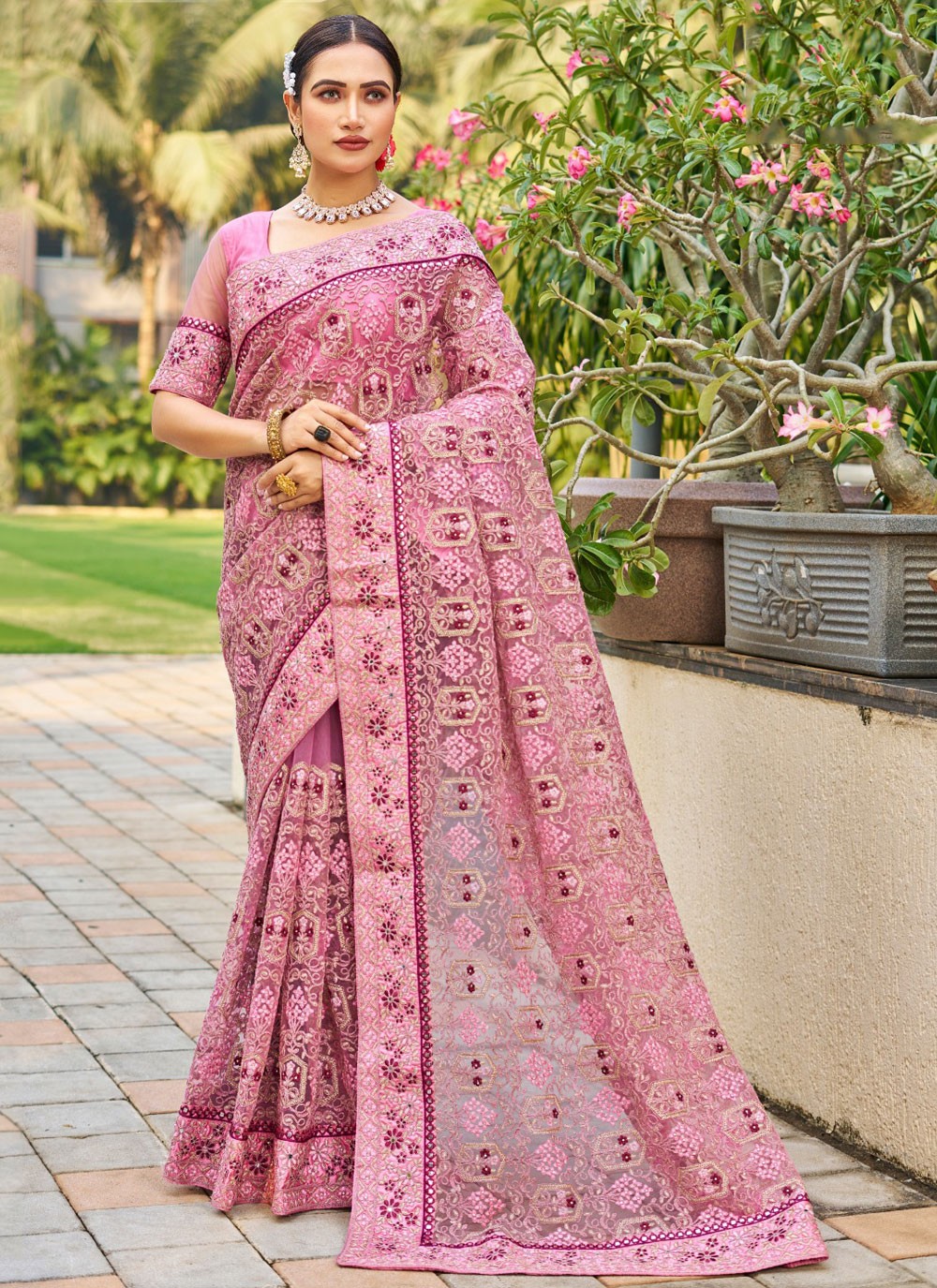 Dimond, Embroidered, Mirror, Stones, Thread Net Saree - S12197