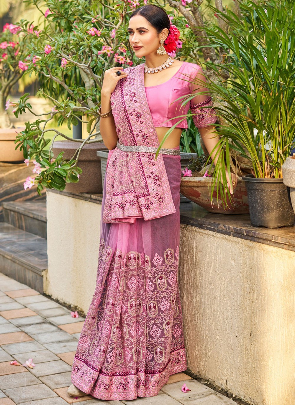 Dimond, Embroidered, Mirror, Stones, Thread Net Saree - S12197