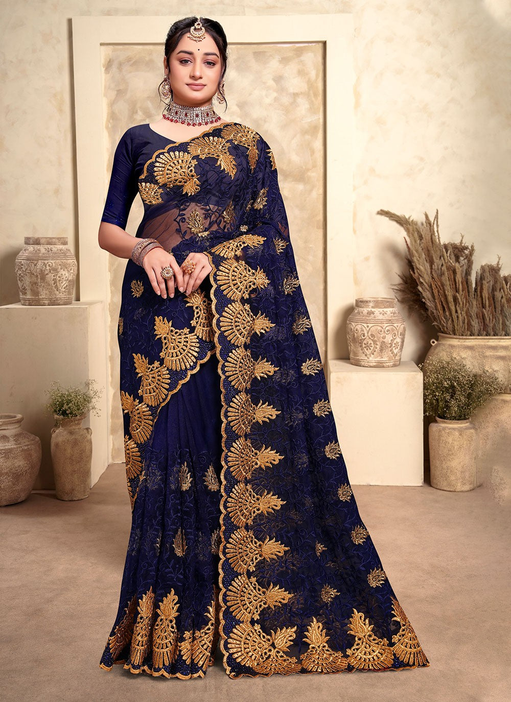 Trendy Embroidered Net Saree - S4963