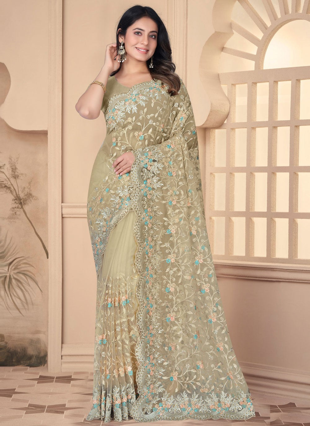 Classic Embroidered Net Saree - S6455