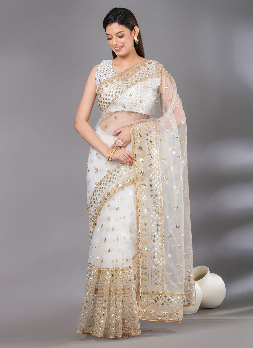 Classic Embroidered Net Saree - S4618