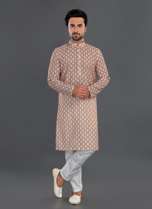 Printed Cotton Off White, Orange Kurta Pyjama - M8071