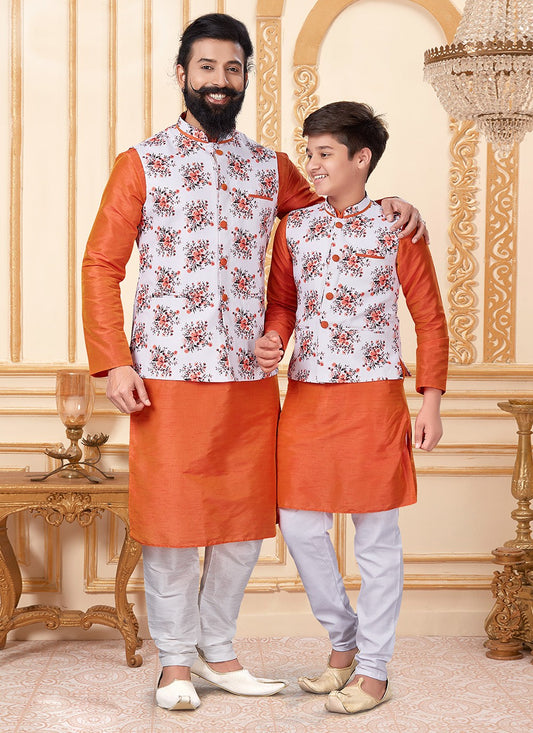 Printed Cotton , Dupion Silk Off White, Orange Kurta Payjama With Jacket - M2036