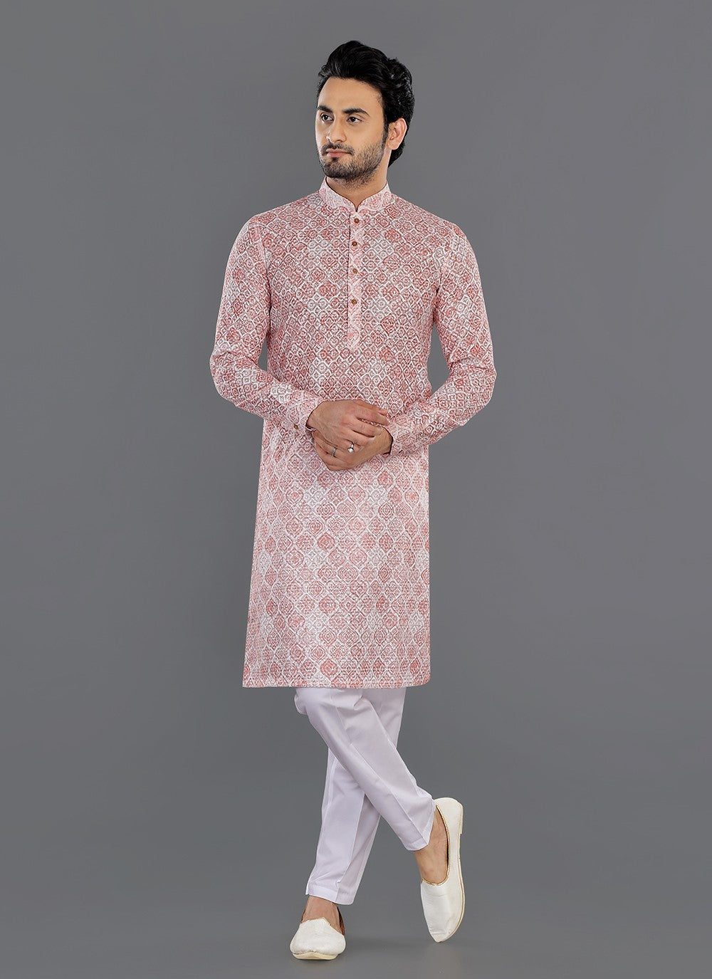 Printed Cotton Off White, Orange Kurta Pyjama - M8074