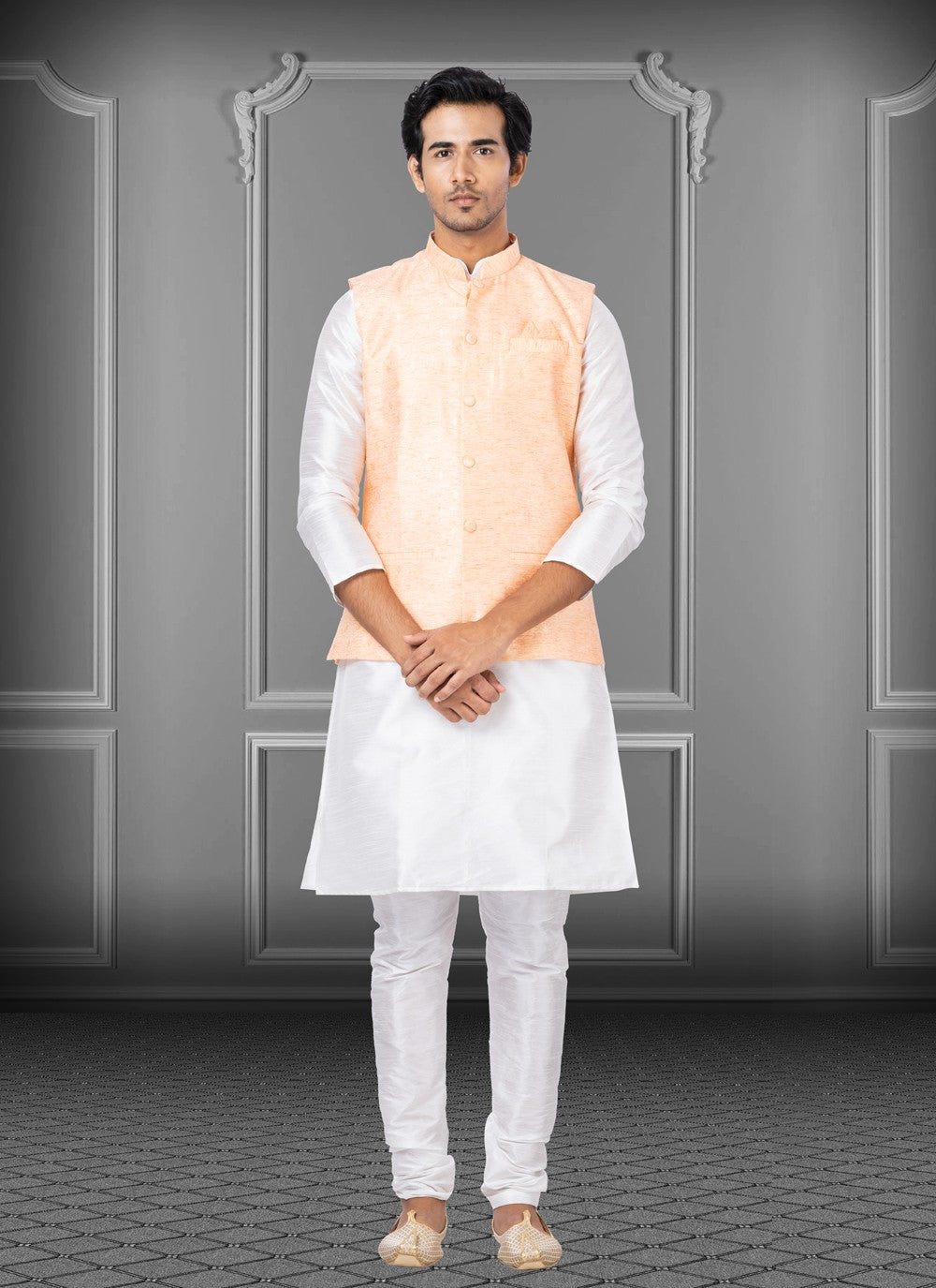 Fancy Work Dupion Silk, Fancy Fabric Off White, Peach Kurta Payjama With Jacket - M3780