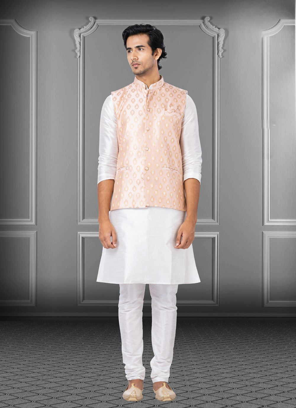 Fancy Work Dupion Silk Off White, Peach Kurta Payjama With Jacket - M3786