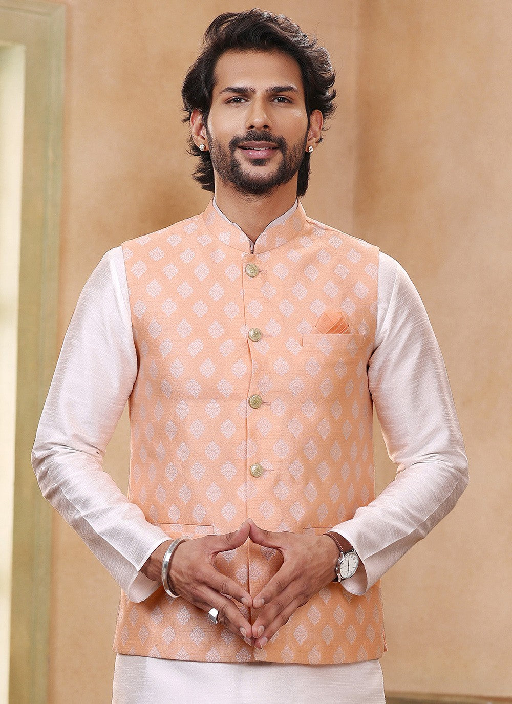 Fancy Work Banarasi Silk, Jacquard Off White, Peach Kurta Payjama With Jacket - M5358