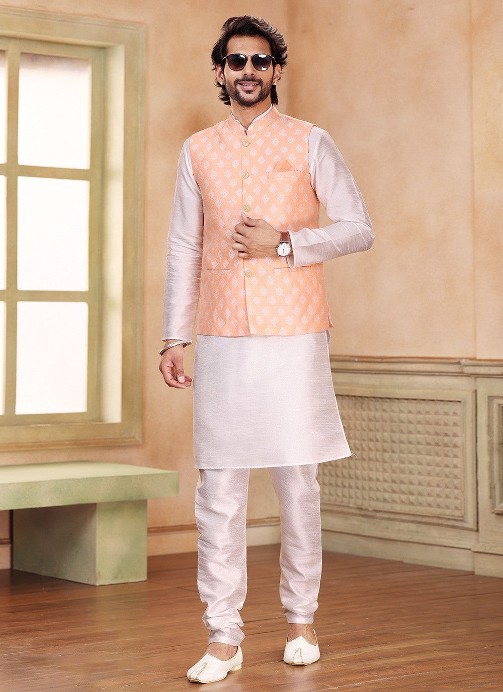 Fancy Work Banarasi Silk, Jacquard Off White, Peach Kurta Payjama With Jacket - M5358