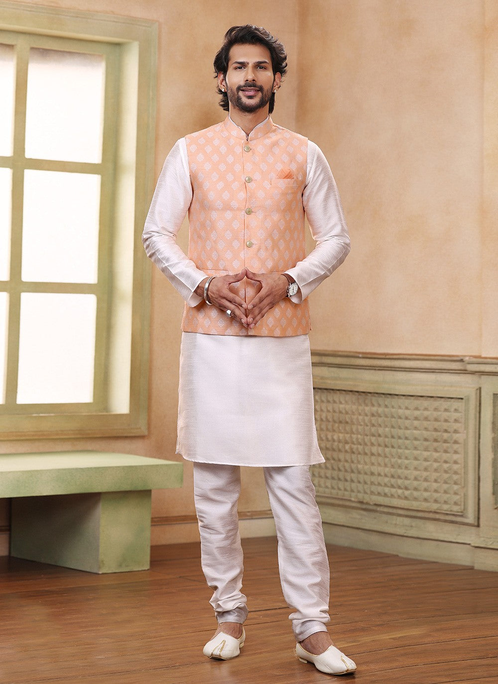 Fancy Work Banarasi Silk, Jacquard Off White, Peach Kurta Payjama With Jacket - M5358