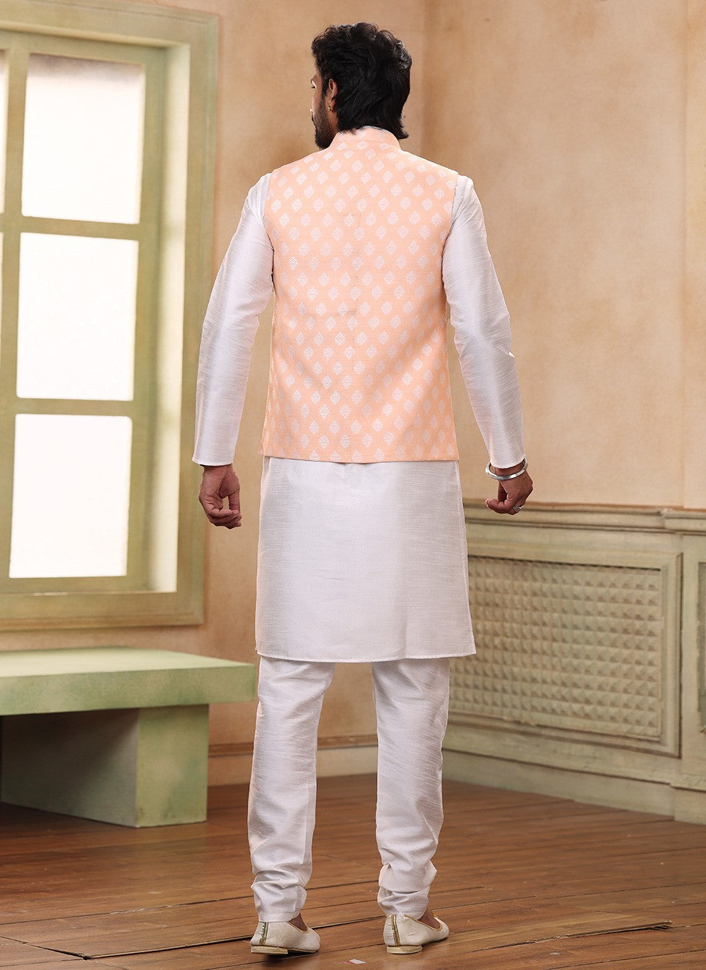 Fancy Work Banarasi Silk, Jacquard Off White, Peach Kurta Payjama With Jacket - M5358