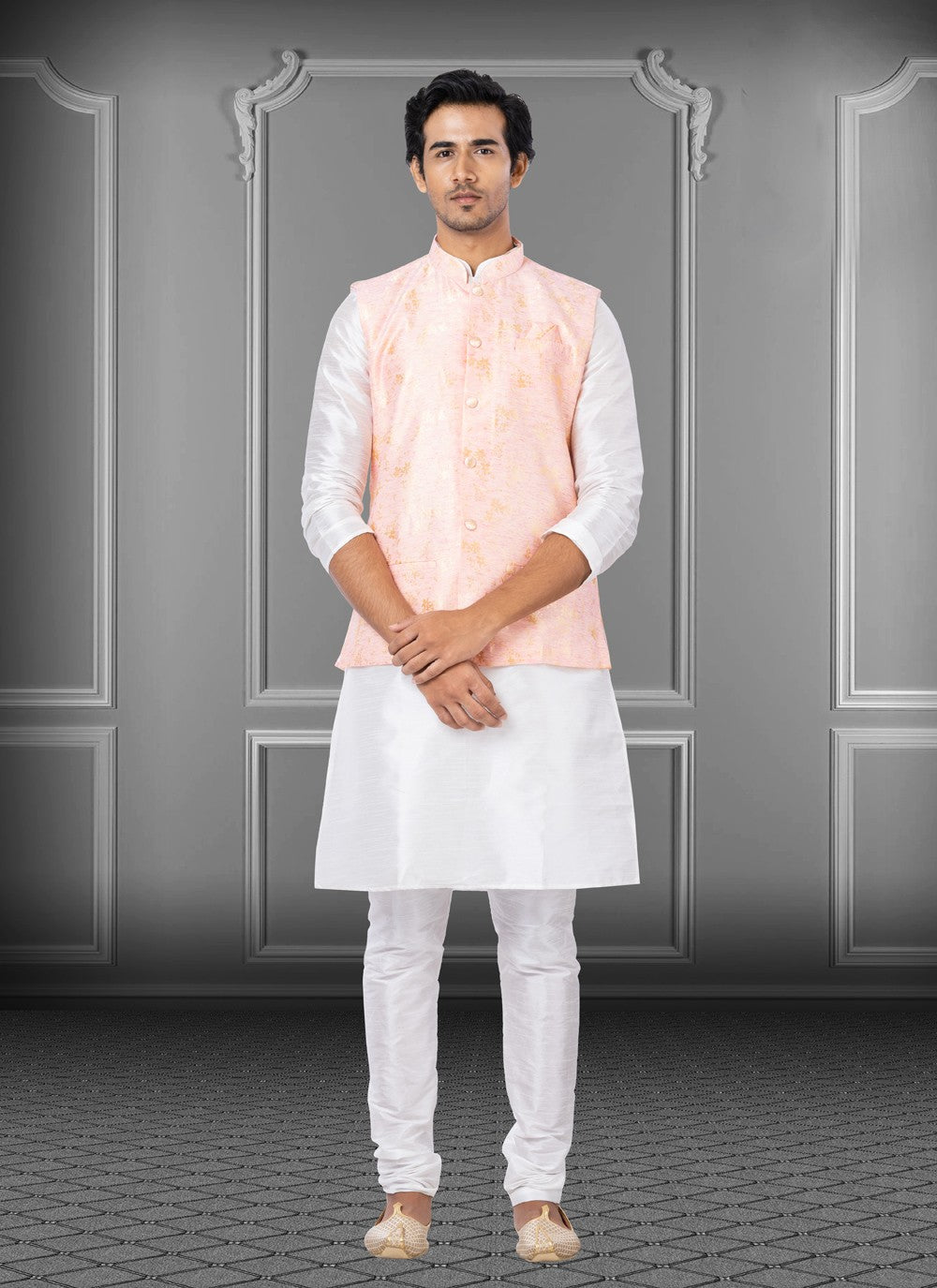 Fancy Work Dupion Silk, Linen Off White, Peach Kurta Payjama With Jacket - M3785