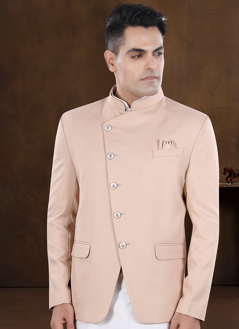 Plain Silk, Viscose Off White, Peach Kurta Payjama With Jacket - M8214