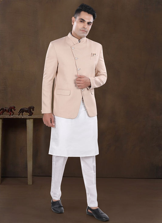 Plain Silk, Viscose Off White, Peach Kurta Payjama With Jacket - M8214