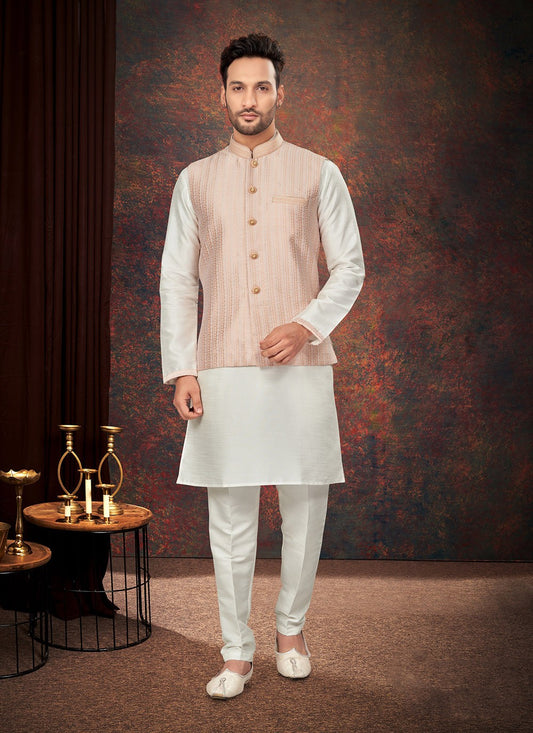 Fancy Work Jacquard Off White, Peach Kurta Payjama With Jacket - M7178