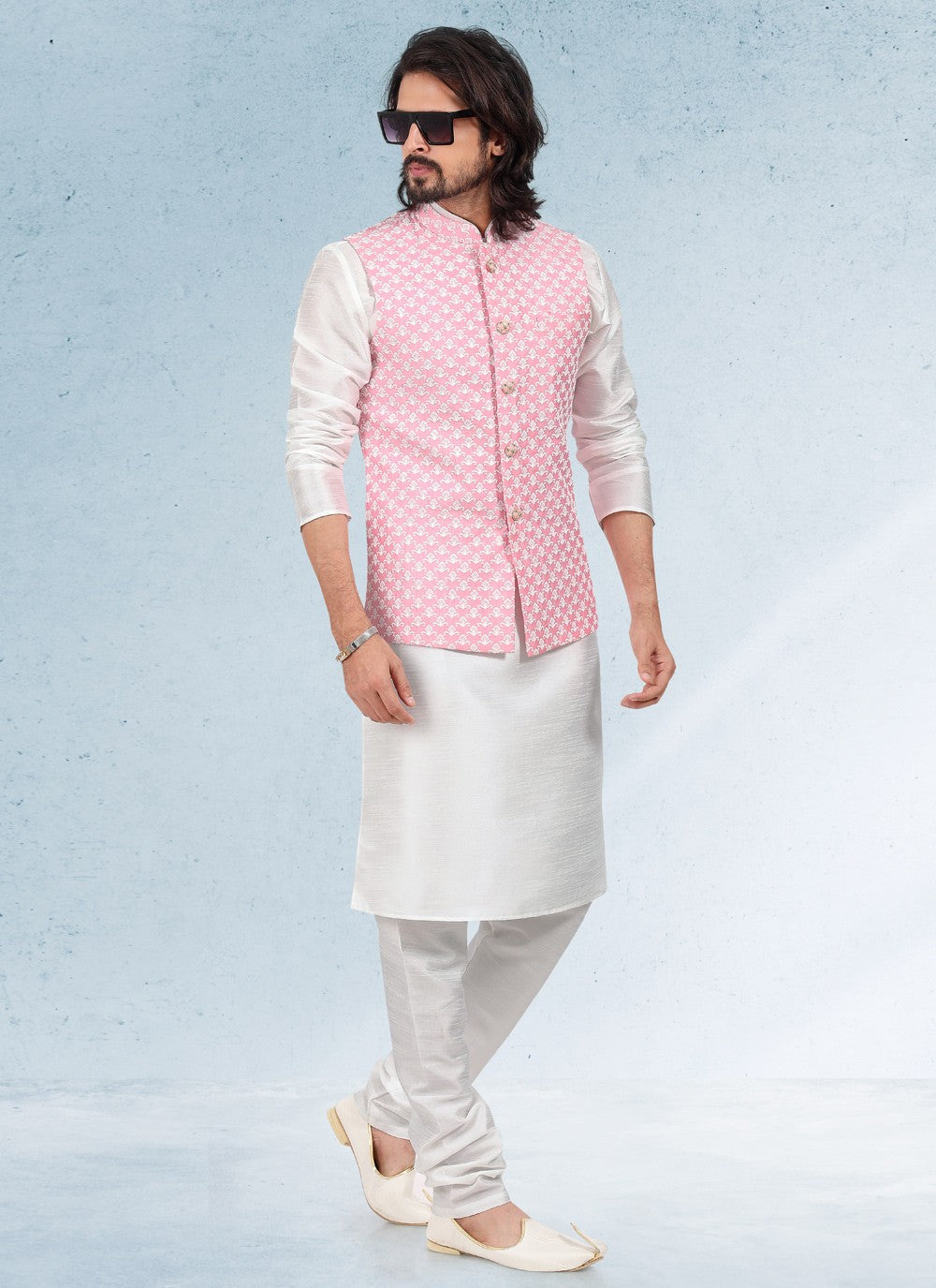 Thread Banarasi Silk Off White, Pink Kurta Payjama With Jacket - M4611