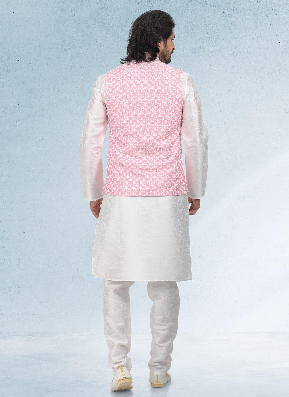 Thread Banarasi Silk Off White, Pink Kurta Payjama With Jacket - M4611