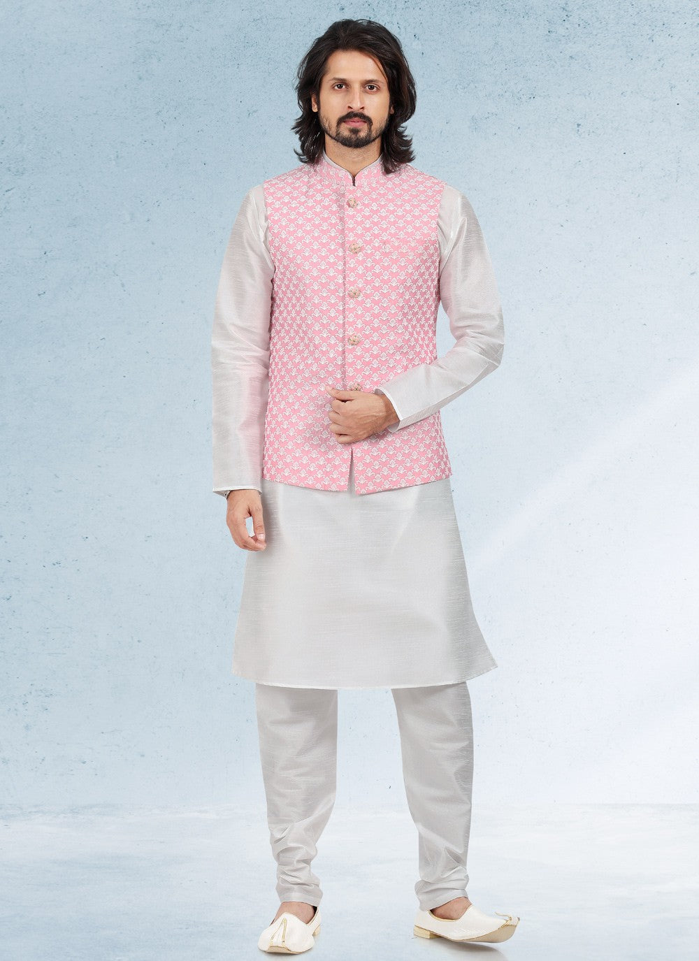 Thread Banarasi Silk Off White, Pink Kurta Payjama With Jacket - M4611