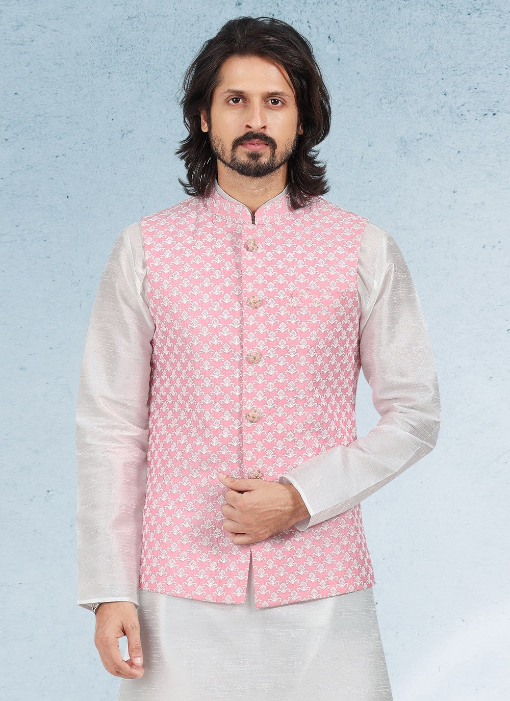 Thread Banarasi Silk Off White, Pink Kurta Payjama With Jacket - M4611