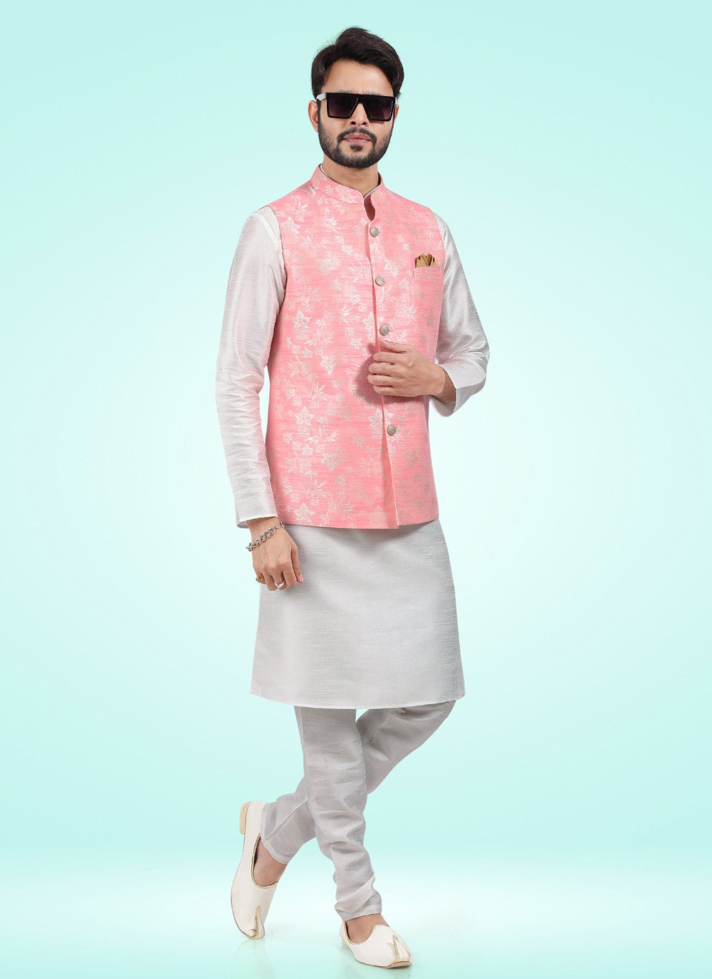 Fancy Work Banarasi Jacquard Off White, Pink Kurta Payjama With Jacket - M4595