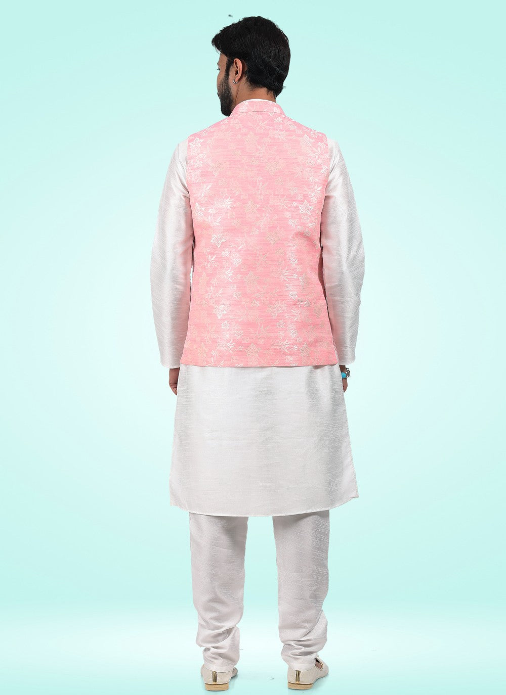 Fancy Work Banarasi Jacquard Off White, Pink Kurta Payjama With Jacket - M4595