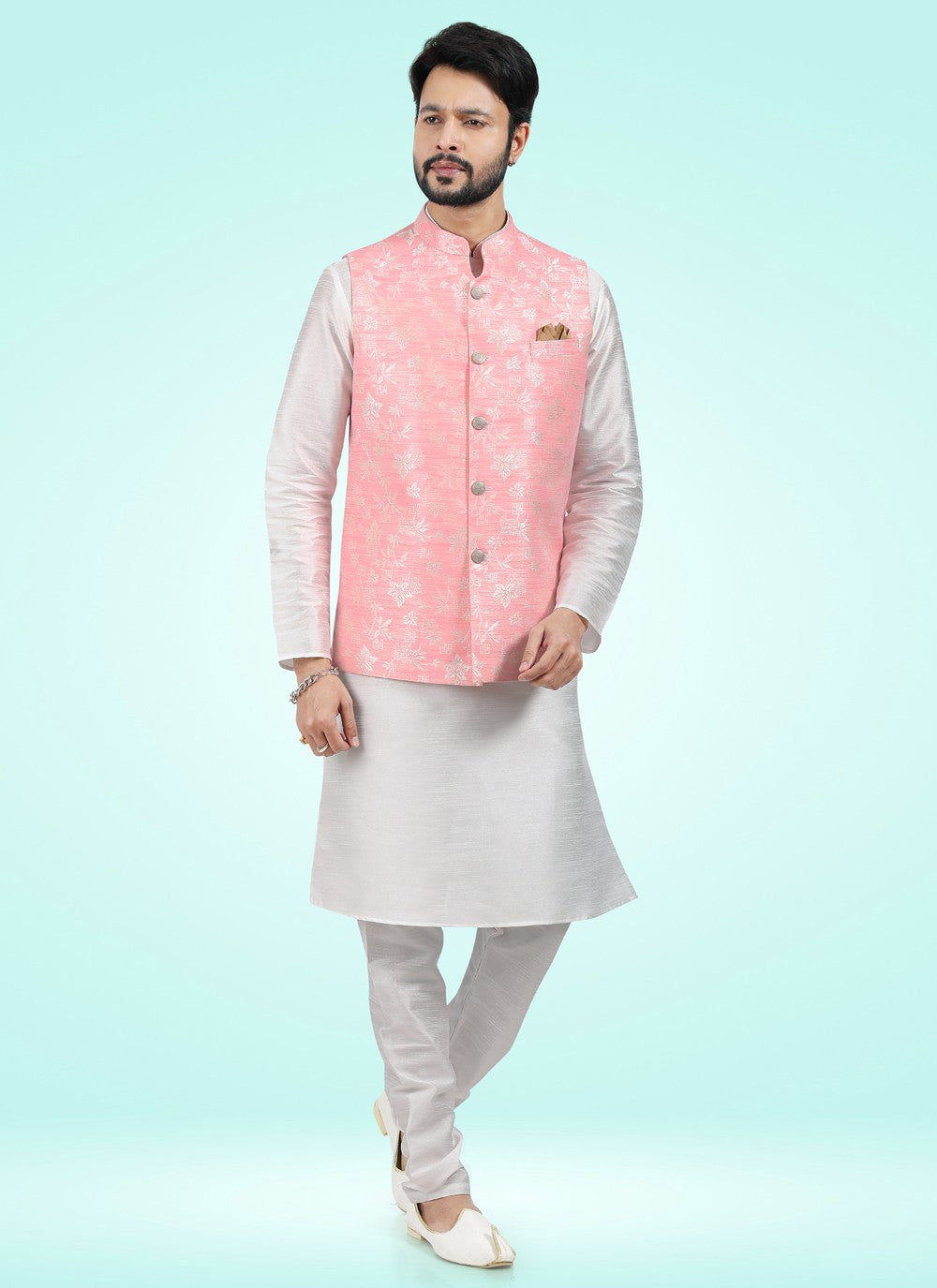 Fancy Work Banarasi Jacquard Off White, Pink Kurta Payjama With Jacket - M4595