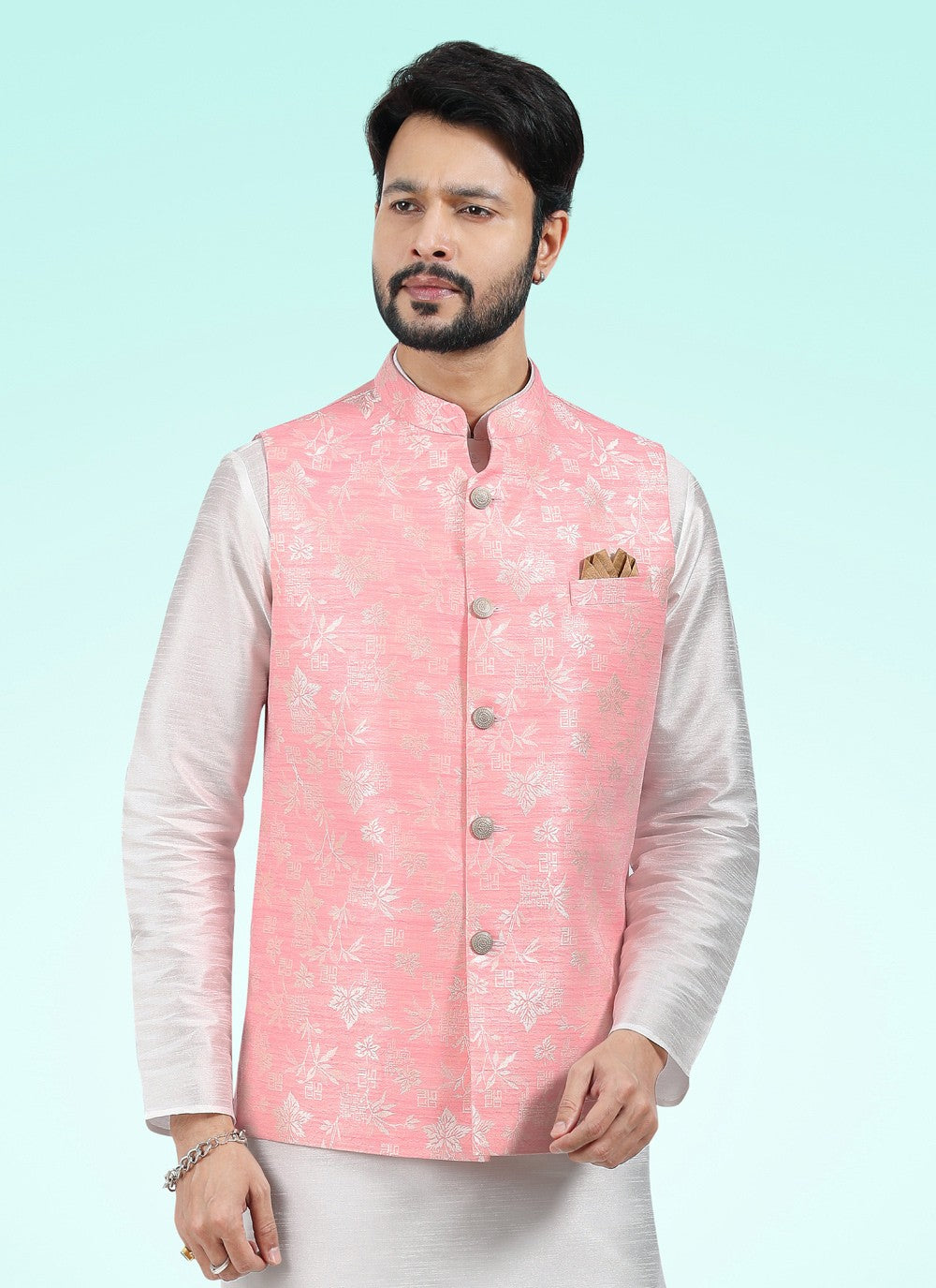 Fancy Work Banarasi Jacquard Off White, Pink Kurta Payjama With Jacket - M4595