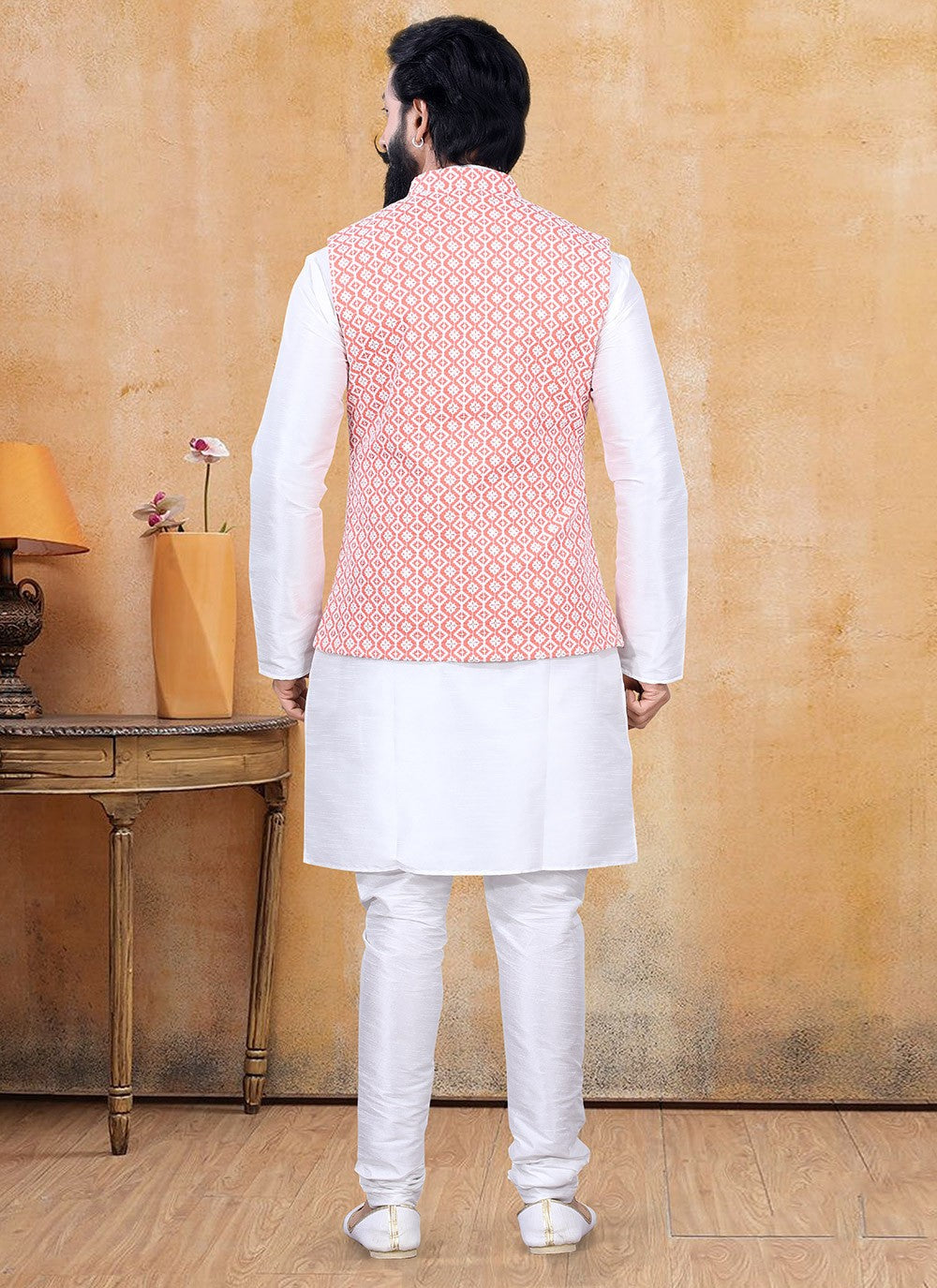 Fancy Work Lucknowi Off White, Pink Kurta Payjama With Jacket - M3384