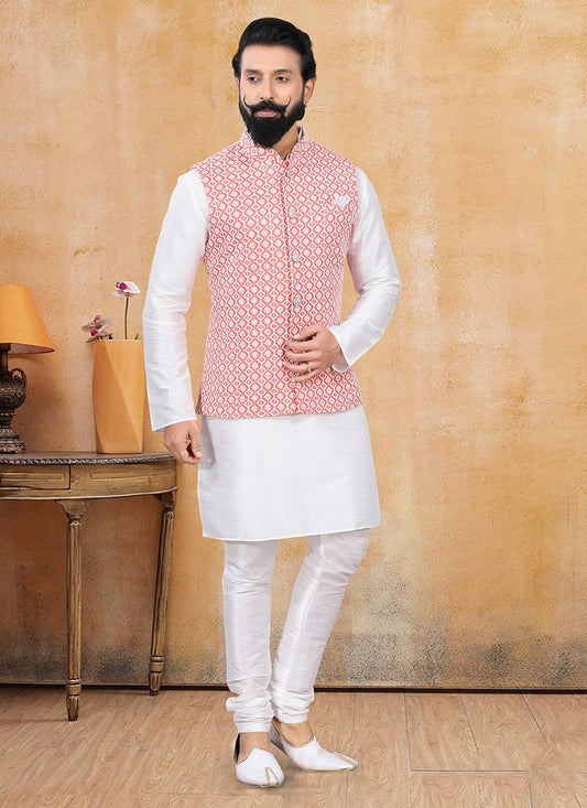 Fancy Work Lucknowi Off White, Pink Kurta Payjama With Jacket - M3384