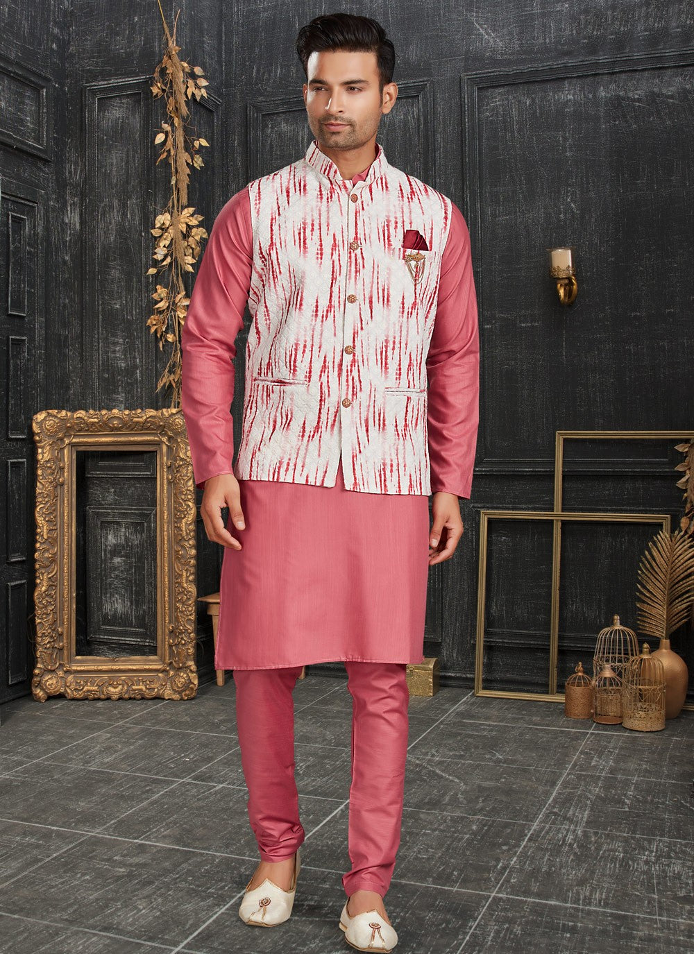 Chicken Cotton Off White, Pink Kurta Payjama With Jacket - M4631