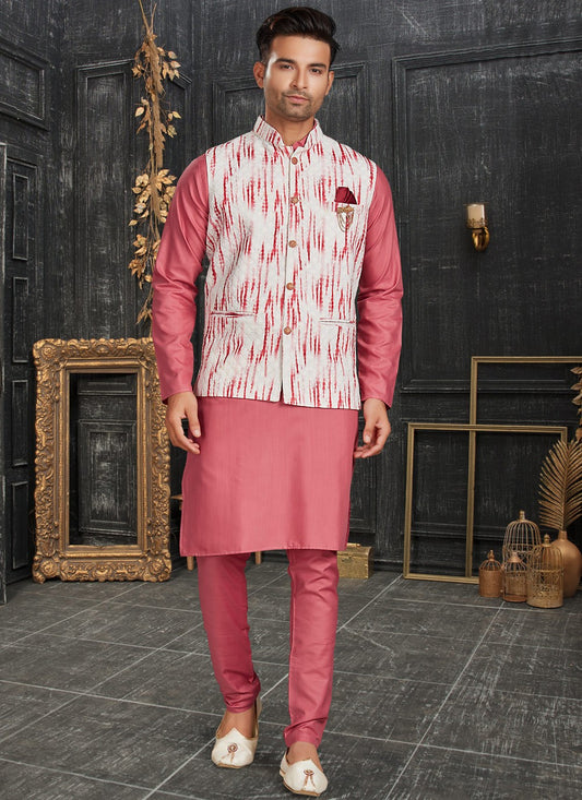 Chicken Cotton Off White, Pink Kurta Payjama With Jacket - M4631