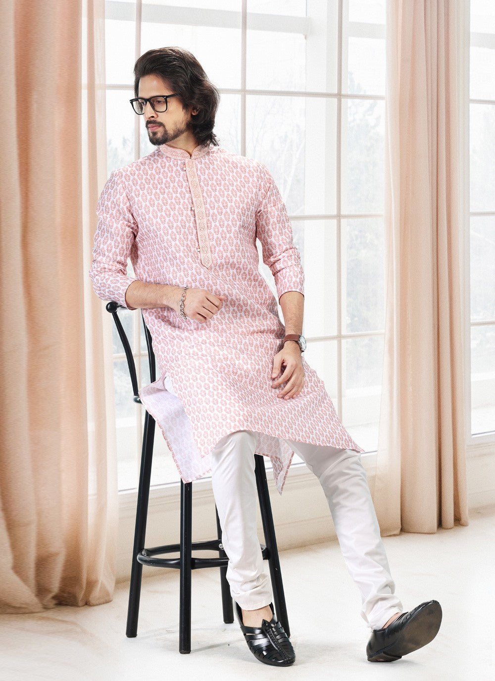 Fancy Work Cotton Off White, Pink Kurta Pyjama - M5115