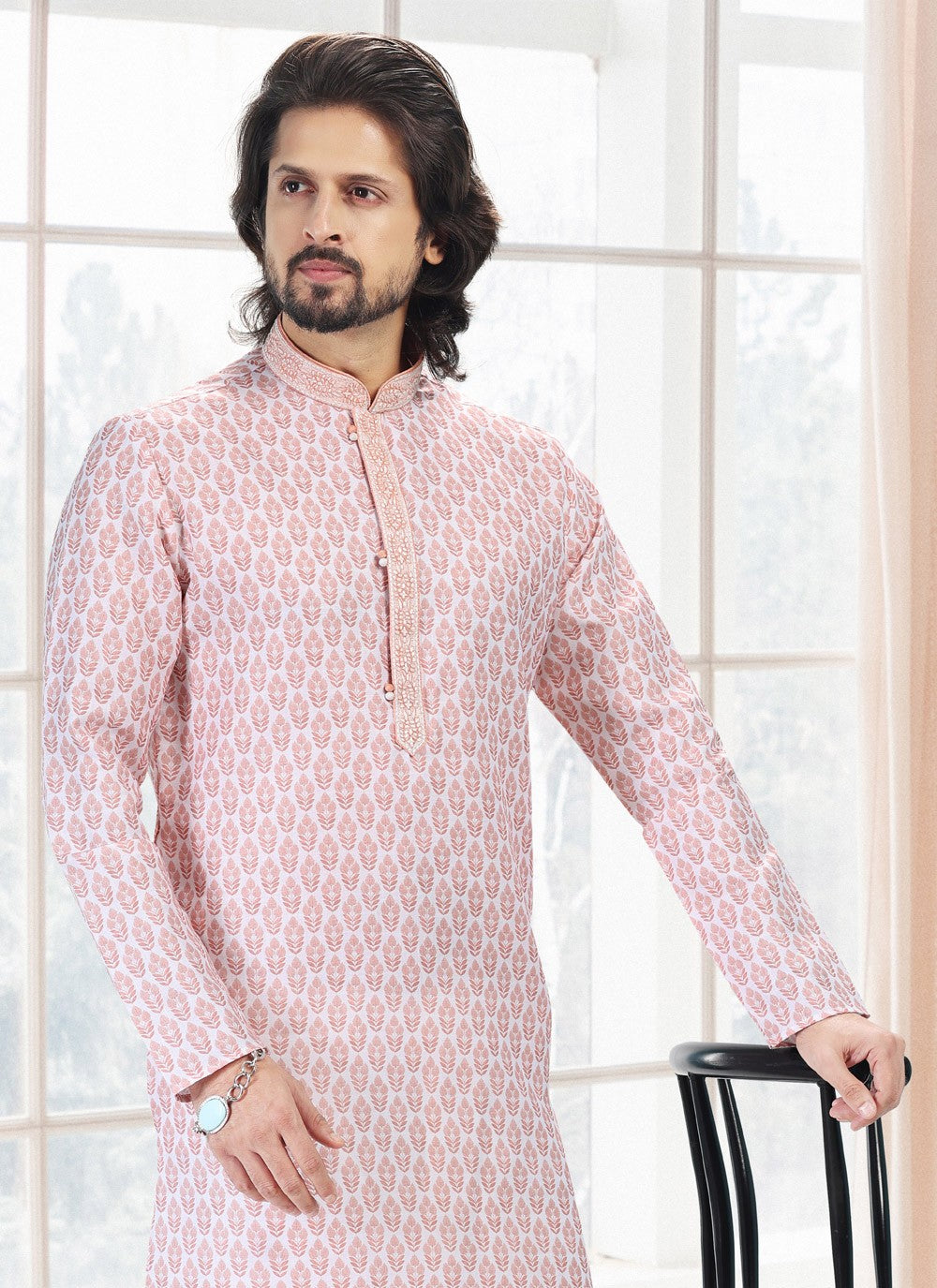 Fancy Work Cotton Off White, Pink Kurta Pyjama - M5115