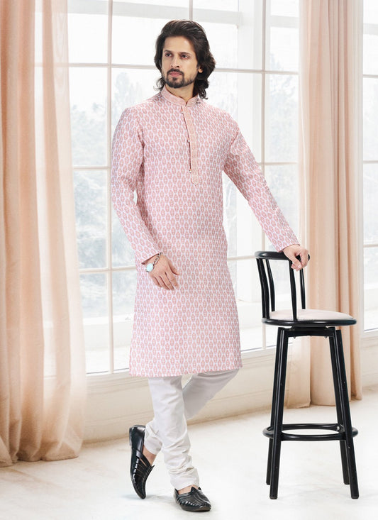 Fancy Work Cotton Off White, Pink Kurta Pyjama - M5115